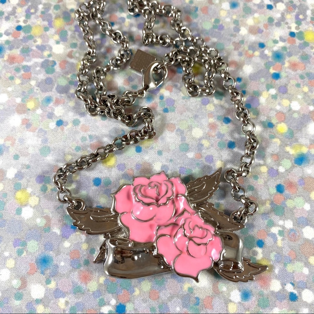 Pink enamel rose tattoo flash silver necklace